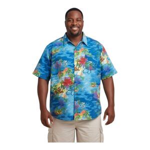 HAWAIIAN BRIGHT CAMP SHIRT ISLAND VILLAGE PRINT 4XT Cotton DANIEL CREMIEUX